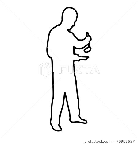 Man with saucepan scoop ladle Kitchen utensil Man with saucepan scoop ladle Kitchen utensil 76995657