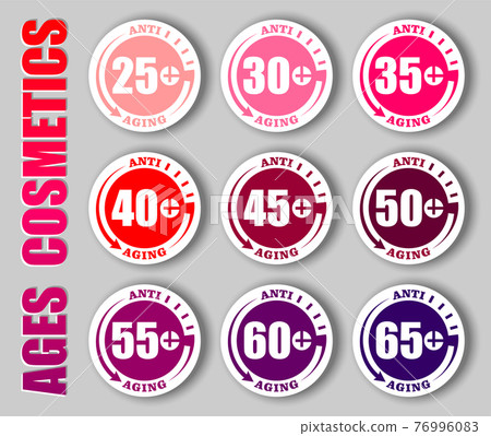 Anti-age concept stamps with different age and back time clock symbol. Creative vector set of anti-aging circle icons for marking anti wrinkles cosmetics product packaging signs Anti-age concept stamps with different age and back time clock symbol. Creative vector set of anti-aging circle icons for marking anti wrinkles cosmetics product packaging signs 76996083