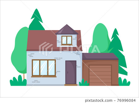 Brick house with garage. Nice detached house with greenery on background. Flat design architecture. Vector illustration Brick house with garage. Nice detached house with greenery on background. Flat design architecture. Vector illustration 76996084