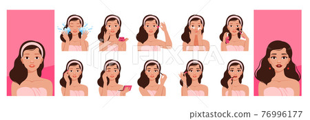 Girl skin cleaning. Makeup everyday routine processes pretty woman washing skin beauty face nowaday vector illustrations set isolated Girl skin cleaning. Makeup everyday routine processes pretty woman washing skin beauty face nowaday vector illustrations set isolated 76996177
