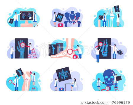 Orthopedic diagnostic. Human anatomy xray medical problems visualization doctors and patients bones and skeleton recent vector characters Orthopedic diagnostic. Human anatomy xray medical problems visualization doctors and patients bones and skeleton recent vector characters 76996179