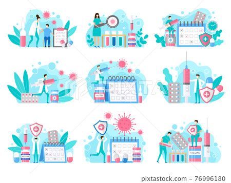 Covid prevention. Characters making injection healthcare stylized illustrations collection liquid drugs and antibiotics in syringe recent vector set Covid prevention. Characters making injection healthcare stylized illustrations collection liquid drugs and antibiotics in syringe recent vector set 76996180