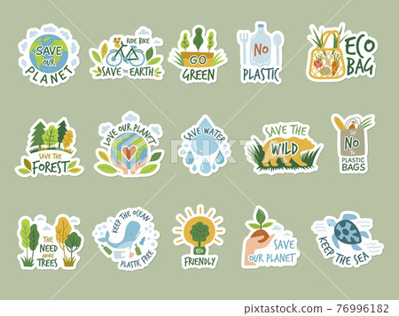 Ecology stickers. Save green earth planet clean environment eco labels recent vector badges colored illustrations isolated Ecology stickers. Save green earth planet clean environment eco labels recent vector badges colored illustrations isolated 76996182