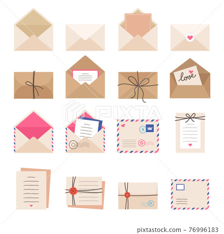 Envelope collections. Mail letters greeting cards romantic envelopes stamped signs labels recent vector illustrations collection Envelope collections. Mail letters greeting cards romantic envelopes stamped signs labels recent vector illustrations collection 76996183
