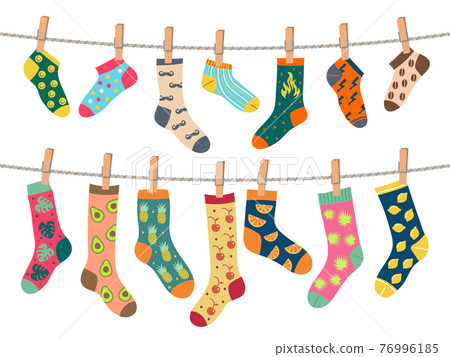 Socks on rope. Warm clothes with funny patterns comfortable socks laundry service recent vector concept picture Socks on rope. Warm clothes with funny patterns comfortable socks laundry service recent vector concept picture 76996185