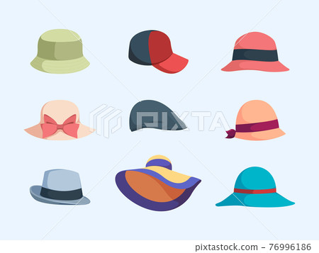 Caps and hats. Summer modern fashioned clothes accessories for head woman hats garish vector cartoon collection Caps and hats. Summer modern fashioned clothes accessories for head woman hats garish vector cartoon collection 76996186
