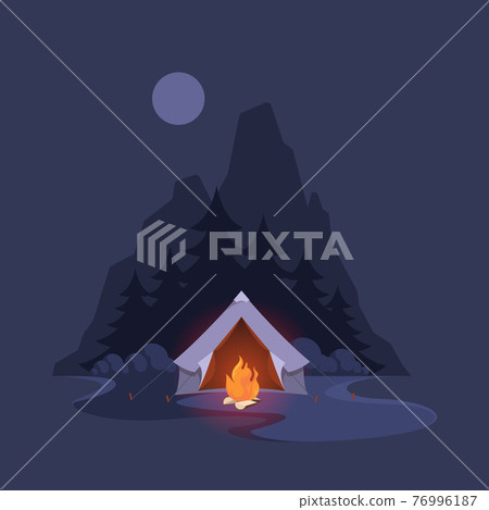 Night camp tent. Dark landscape with mountain trees and shelter adventure for happy travellers garish vector illustrations background Night camp tent. Dark landscape with mountain trees and shelter adventure for happy travellers garish vector illustrations background 76996187