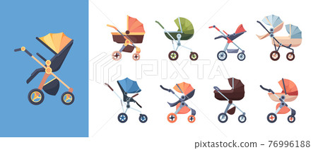 Carriage for baby. Transport for kids mother walking trolley waggon wheels maternity symbols garish vector children carriage set Carriage for baby. Transport for kids mother walking trolley waggon wheels maternity symbols garish vector children carriage set 76996188