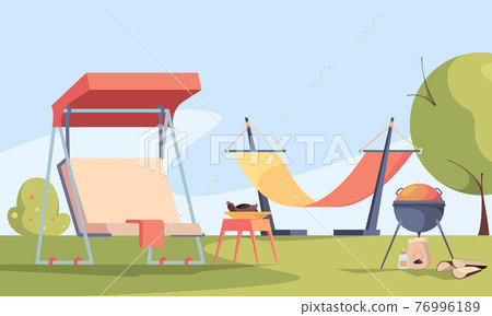 Garden background. Outdoor relax place in private rural house barbecue fireplace soft modern furniture table chairs and swings gardenning backyard garish vector picture Garden background. Outdoor relax place in private rural house barbecue fireplace soft modern furniture table chairs and swings gardenning backyard garish vector picture 76996189