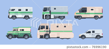 Police bank cars. Security finance services collector vehicle heavy steel armored cars garish vector cartoon illustrations 76996190