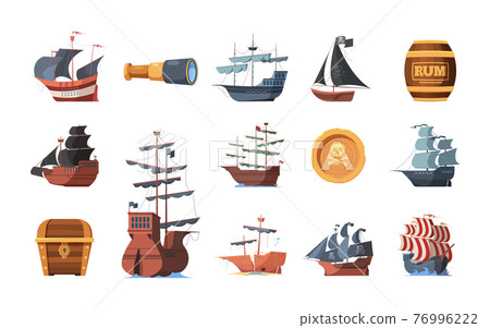 Pirate symbols. Old ships of looters and invaders parrot spyglass hook prey garish vector boats of pirates 76996222