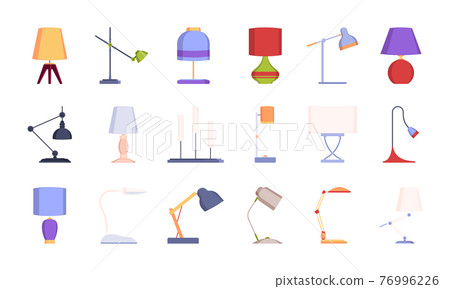 Decorative lamp. Interior modern objects desk lamp lighting symbols garish vector flat pictures collection set Decorative lamp. Interior modern objects desk lamp lighting symbols garish vector flat pictures collection set 76996226
