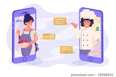 Online culinary master class - a young woman cooks and asks the cook on the phone in an online cooking workshop chat while streaming using the phone. vector illustration. Online culinary master class - a young woman cooks and asks the cook on the phone in an online cooking workshop chat while streaming using the phone. vector illustration. 76996692