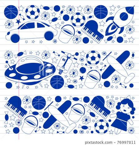 Kindergarten pattern with little children and toys. Creativity and imagination. Kindergarten pattern with little children and toys. Creativity and imagination. 76997811