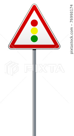 Warning road sign Traffic light regulation. A road sign on a metal pole. The isolated object on a white background. Vector illustration. Warning road sign Traffic light regulation. A road sign on a metal pole. The isolated object on a white background. Vector illustration. 76998174