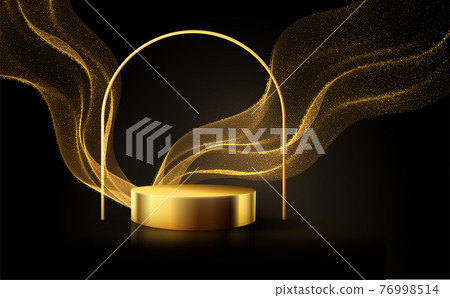 Minimal black scene with golden lines. Cylindrical gold and black podium on a black background. 3D stage for displaying a cosmetic product Minimal black scene with golden lines. Cylindrical gold and black podium on a black background. 3D stage for displaying a cosmetic product 76998514