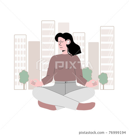Meditating woman in the big city, park. Girl sitting on yoga pose lotus with earphones. Can use for banner, web 76999194