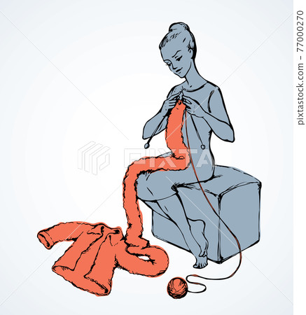 Woman overdone with knitting. Vector sketch drawing 77000270