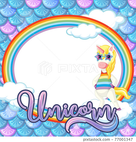 Oval frame template on blue fish scales background with unicorn cartoon character 77001347