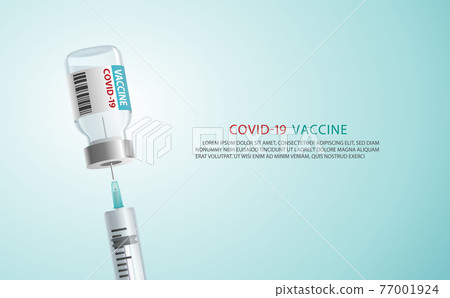 banner Coronavirus vaccine concept.A medical needle syringe injection into a Covid-19 virus vaccination vial bottle. for covid19 immunization treatment. illustration vector. Medical heath care concept 77001924