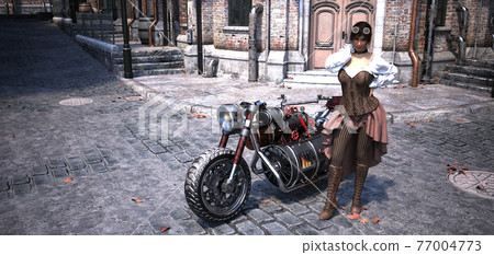 Technology: The first industrial revolution from the near past at the beginning of the 20th century. Retro lifestyle a lady on a steam motorcycle. 3D rendering, 3D illustration. Technology: The first industrial revolution from the near past at the beginning of the 20th century. Retro lifestyle a lady on a steam motorcycle. 3D rendering, 3D illustration. 77004773