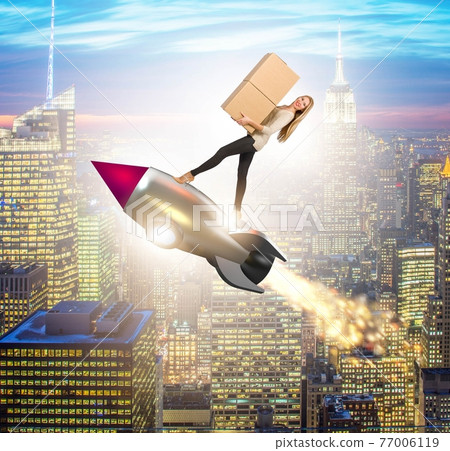 Woman in fast box delivery service on rocket Woman in fast box delivery service on rocket 77006119