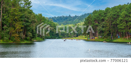 Beautiful scenery of Pang Oung lake, Mae Hong Son, Thailand. travel, trip and vacation concept Beautiful scenery of Pang Oung lake, Mae Hong Son, Thailand. travel, trip and vacation concept 77006121