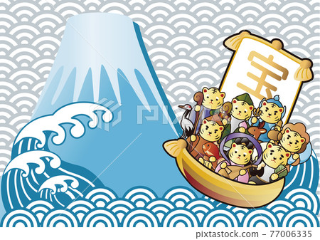 New Year New Year Tiger Year Tora Tiger Seven Lucky Gods Takarabune Sea Wave Japanese Pattern Qinghai Wave Mt. Fuji Background Copy Space 77006335