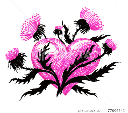 Purple heart and flowers. Ink drawing 77006341