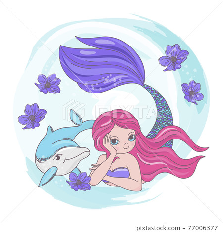 RESTING MERMAID Underwater Pink Haired Princess Girl With Dolphin Sea Ocean Cruise Travel Tropical Cartoon Clip Art Vector Illustration Set For Print 77006377