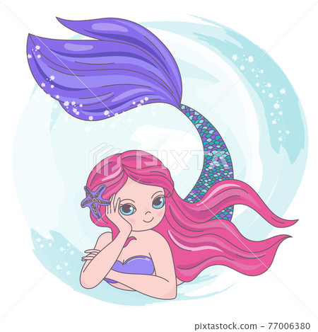 RED MERMAID Underwater Pink Haired Girl Princess Put Her Head On Her Hand Cartoon Sea Ocean Cruise Travel Tropical Clip Art Vector Illustration Set For Print 77006380