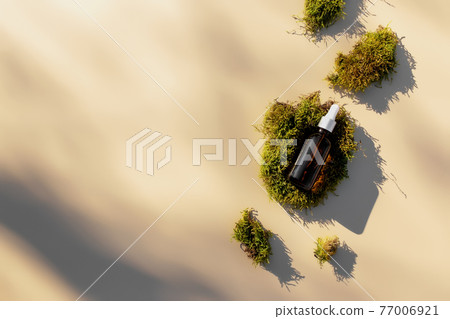 Bottle with essential oil on beige background on green moss. Cosmetic concept 77006921