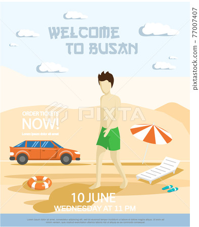 Welcome to Busan tourist travel promotion poster with sunny beach and sea walk, summer tourism Welcome to Busan tourist travel promotion poster with sunny beach and sea walk, summer tourism 77007407