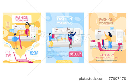 Fashion workshop concept poster. Seamstresses work with sewing machine in studio for tailoring 77007478
