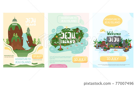 Set of illustrations about adventure to Jeju island concept poster. Layout of travel website 77007496