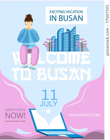 Exciting vacation welcome to Busan. Girl sitting near city with tall buildings and pink trees 77007505