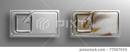 Clean and rusty metal kitchen sink with faucet 77007659