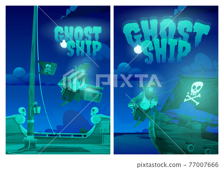 Ghost ship posters with pirate and treasure chest 77007666