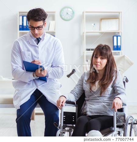 Male doctor examining female patient on wheelchair Male doctor examining female patient on wheelchair 77007744