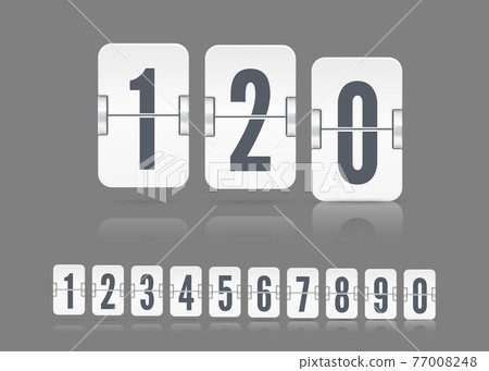 Vector white scoreboard numbers with reflections floating on different height for flip countdown timer or calendar. 77008248