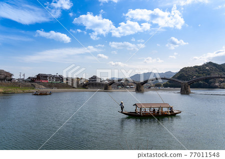 Kintaikyo Bridge and houseboat in Iwakuni City, Yamaguchi Prefecture 77011548