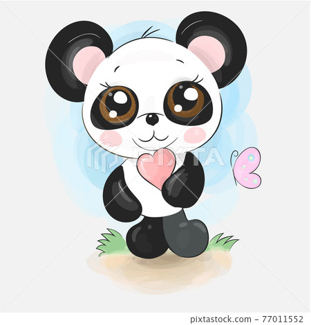 Cute little panda character isolated on watercolour background with heart and butterfly. Hand drawn cartoon art. 77011552