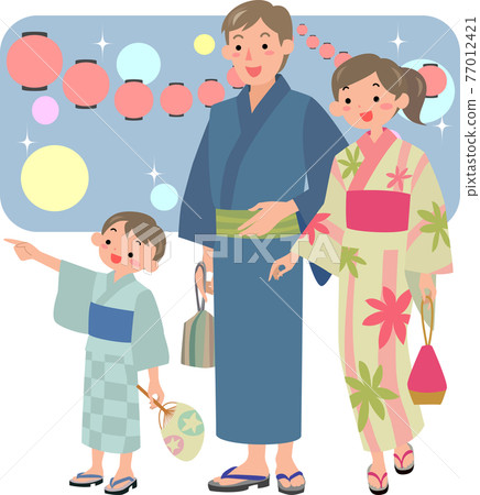 一個穿著浴衣來到夏季節日的家庭 插圖素材 圖庫