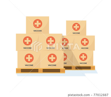 Pallets with boxes of coronavirus vaccine. Warehouse with covid vaccines. Transport of the vaccine. Anti virus campaign. Vector illustration on flat style in white background 77012887