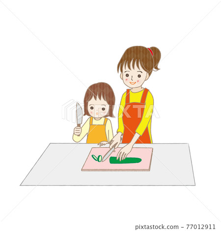 Cooking with parents and children Cutting cucumbers with a kitchen knife 77012911