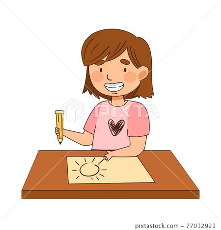 Cute Girl Sitting at Table and Drawing with Pencil Vector Illustration Cute Girl Sitting at Table and Drawing with Pencil Vector Illustration 77012921