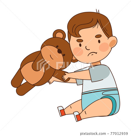 Cute Infant Boy in Diaper Sitting on the Floor with Teddy Bear Vector Illustration Cute Infant Boy in Diaper Sitting on the Floor with Teddy Bear Vector Illustration 77012939