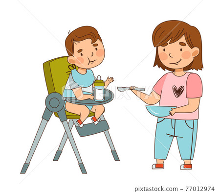 Sister Spoon Feeding Her Little Brother Sitting on Highchair as Family Relations Vector Illustration Sister Spoon Feeding Her Little Brother Sitting on Highchair as Family Relations Vector Illustration 77012974