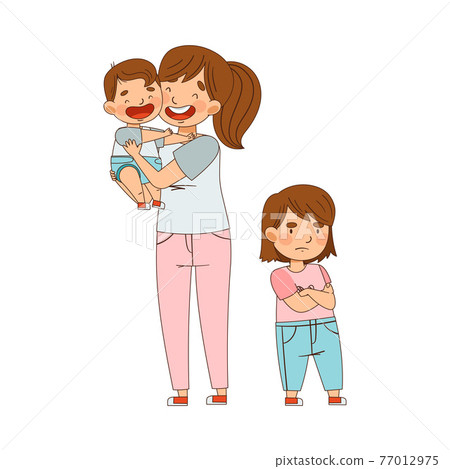 Jealous Sister Folding Hands Standing Near Mother Playing with Her Little Brother as Family Relations Vector Illustration Jealous Sister Folding Hands Standing Near Mother Playing with Her Little Brother as Family Relations Vector Illustration 77012975
