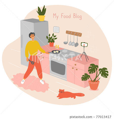 Food blogger prepare food in kitchen live. Video online cook tutorials. Man shares recipes with followers. Male influencer filming lesson on camera for video channel in kitchen studio. Vector flat Food blogger prepare food in kitchen live. Video online cook tutorials. Man shares recipes with followers. Male influencer filming lesson on camera for video channel in kitchen studio. Vector flat 77013417